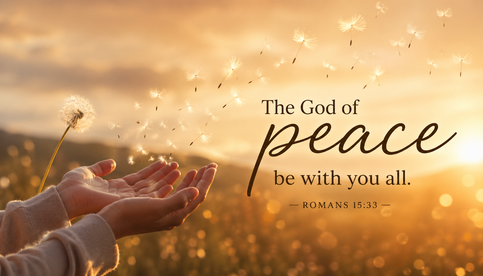 Bible verse wallpaper Romans 15:33 with open hands releasing dandelion seeds into warm evening light over golden meadow